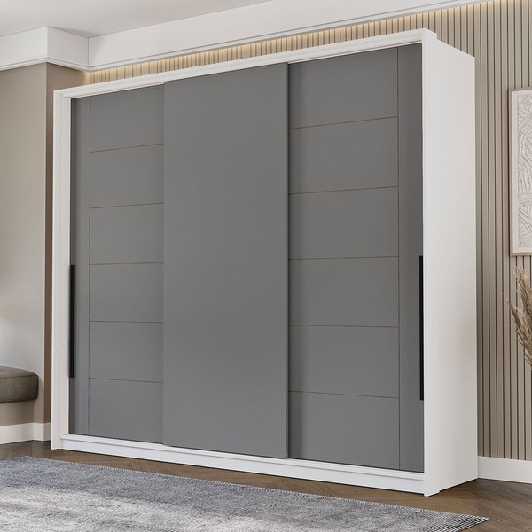 Guarda-Roupa Casal Lisboa 3 Portas 4 Gavetas Branco/Cinza - Politorno