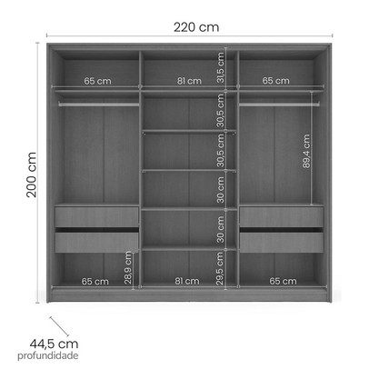 Guarda-Roupa Casal Lisboa 3 Portas 4 Gavetas Branco/Cinza - Politorno