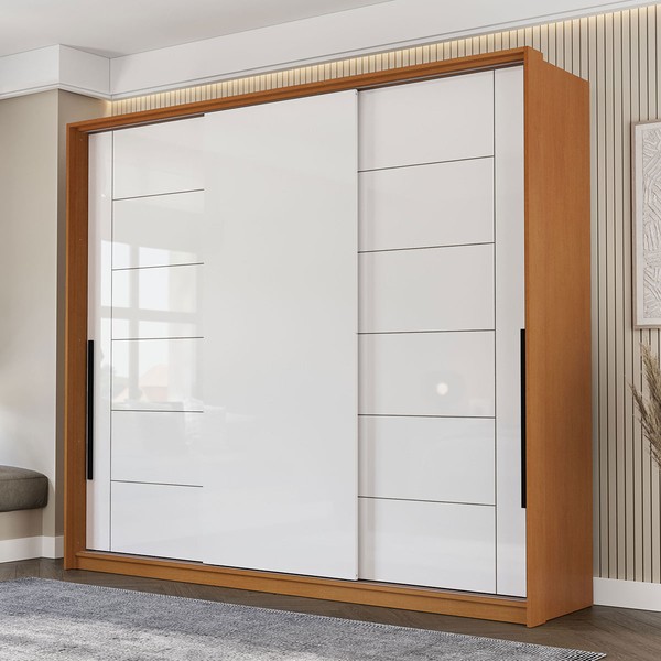 Guarda-Roupa Casal Lisboa 3 Portas 4 Gavetas Freijó/Branco - Politorno