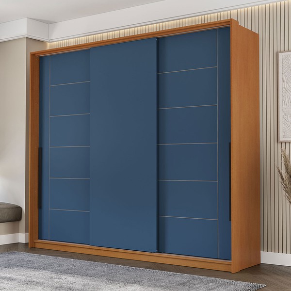 Guarda-Roupa Casal Lisboa 3 Portas 4 Gavetas Freijó/Azul - Politorno