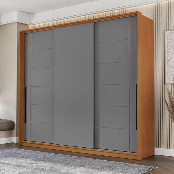 Guarda-Roupa Casal Lisboa 3 Portas 4 Gavetas Freijó/Cinza - Politorno