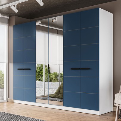 Guarda-Roupa Casal Lisboa 6 Portas 4 Gavetas com Espelho Branco/Azul - Politorno