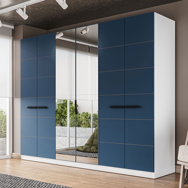 Guarda-Roupa Casal Lisboa 6 Portas 4 Gavetas com Espelho Branco/Azul - Politorno