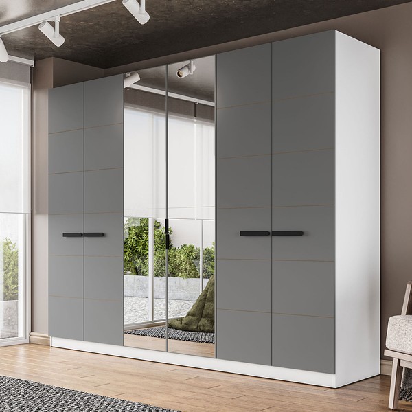 Guarda-Roupa Casal Lisboa 6 Portas 4 Gavetas com Espelho Branco/Cinza - Politorno