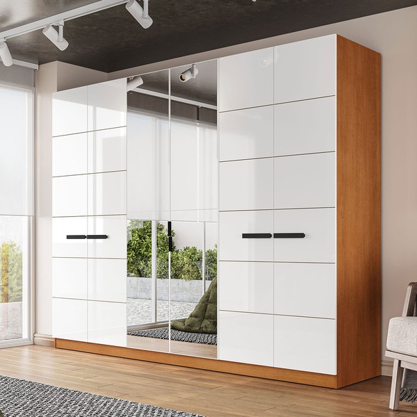 Guarda-Roupa Casal Lisboa 6 Portas 4 Gavetas com Espelho Freijó/Branco - Politorno