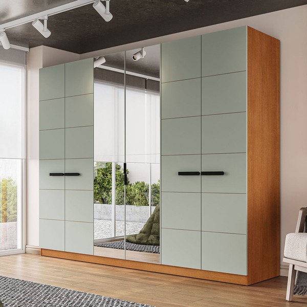 Guarda-Roupa Casal Lisboa 6 Portas 4 Gavetas com Espelho Freijó/Verde - Politorno