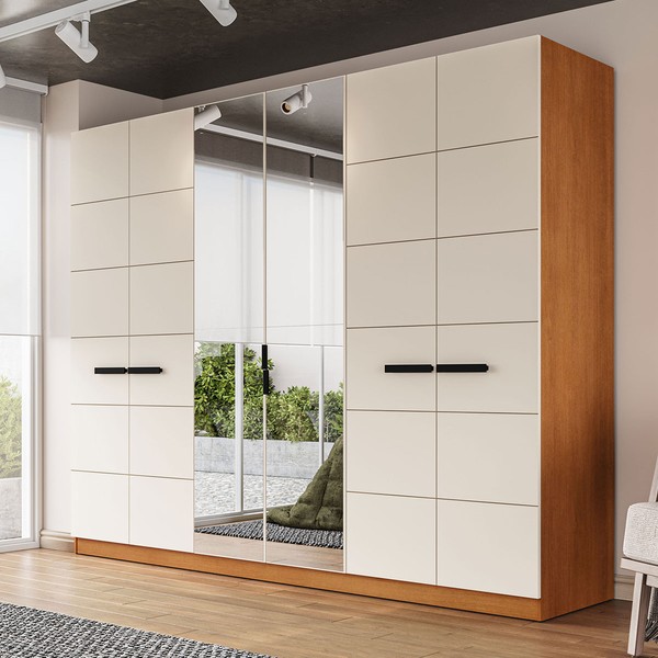 Guarda-Roupa Casal Lisboa 6 Portas 4 Gavetas com Espelho Freijó/Creme - Politorno