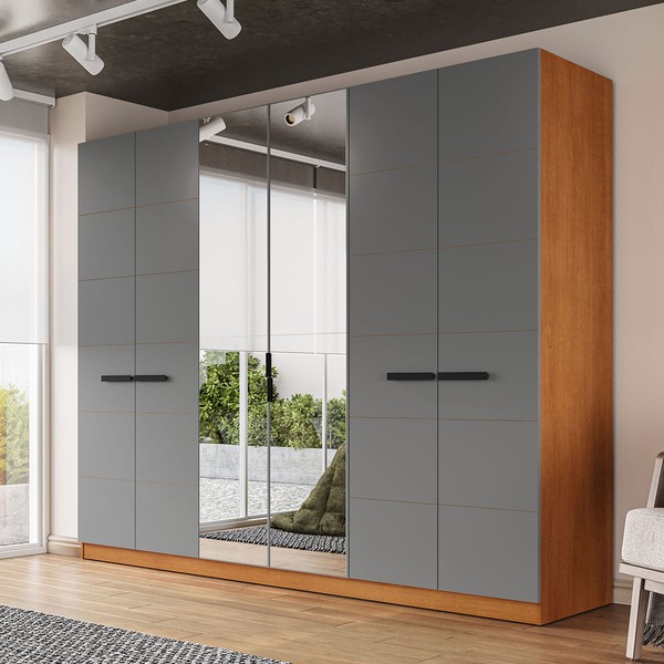 Guarda-Roupa Casal Lisboa 6 Portas 4 Gavetas com Espelho Freijó/Cinza - Politorno