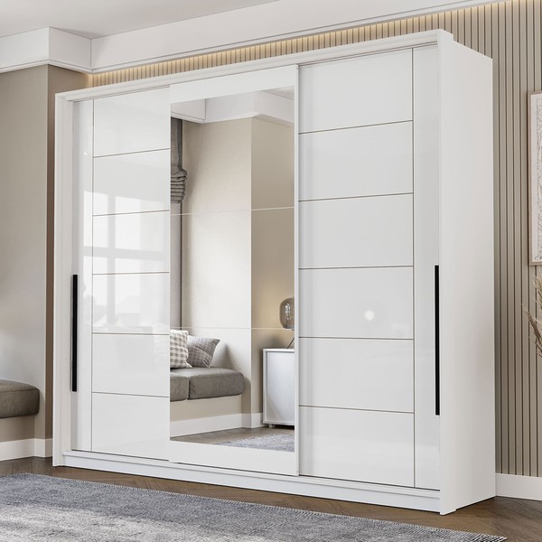Guarda-Roupa Casal Lisboa 3 Portas 4 Gavetas com Espelho Branco - Politorno
