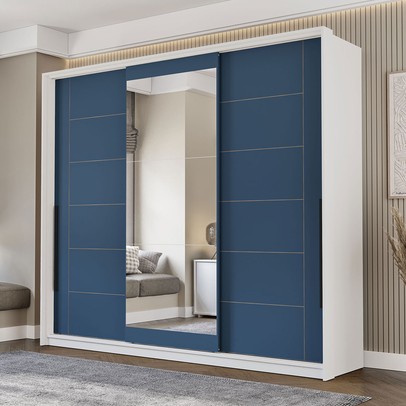 Guarda-Roupa Casal Lisboa 3 Portas 4 Gavetas com Espelho Branco/Azul - Politorno