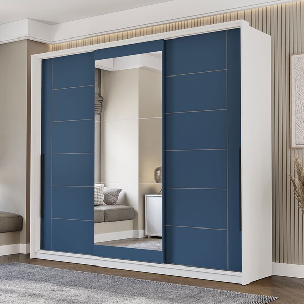 Guarda-Roupa Casal Lisboa 3 Portas 4 Gavetas com Espelho Branco/Azul - Politorno