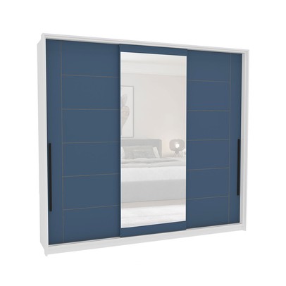 Guarda-Roupa Casal Lisboa 3 Portas 4 Gavetas com Espelho Branco/Azul - Politorno
