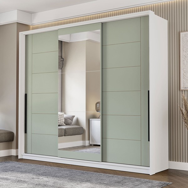 Guarda-Roupa Casal Lisboa 3 Portas 4 Gavetas com Espelho Branco/Verde - Politorno