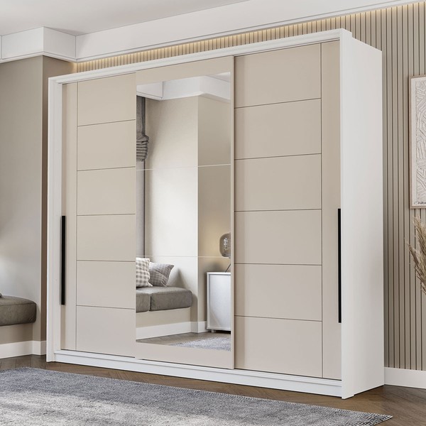 Guarda-Roupa Casal Lisboa 3 Portas 4 Gavetas com Espelho Branco/Creme - Politorno
