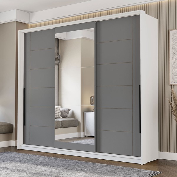 Guarda-Roupa Casal Lisboa 3 Portas 4 Gavetas com Espelho Branco/Cinza - Politorno