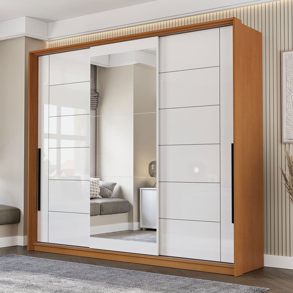 Guarda-Roupa Casal Lisboa 3 Portas 4 Gavetas com Espelho Freijó/Branco - Politorno