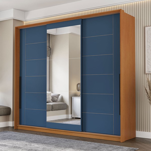 Guarda-Roupa Casal Lisboa 3 Portas 4 Gavetas com Espelho Freijó/Azul - Politorno