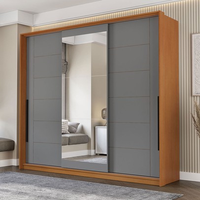 Guarda-Roupa Casal Lisboa 3 Portas 4 Gavetas com Espelho Freijó/Cinza - Politorno
