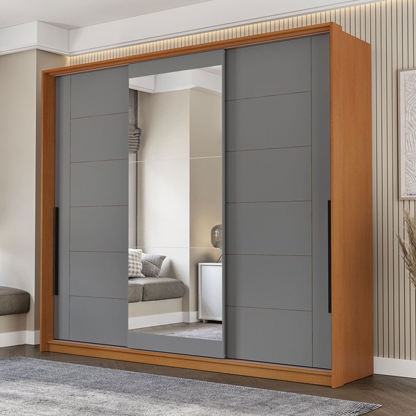 Guarda-Roupa Casal Lisboa 3 Portas 4 Gavetas com Espelho Freijó/Cinza - Politorno