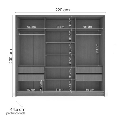 Guarda-Roupa Casal Lisboa 3 Portas 4 Gavetas com Espelho Freijó/Cinza - Politorno