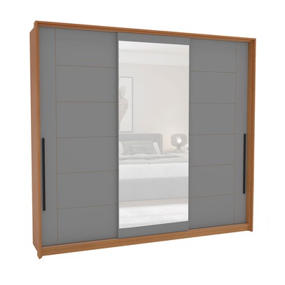 Guarda-Roupa Casal Lisboa 3 Portas 4 Gavetas com Espelho Freijó/Cinza - Politorno