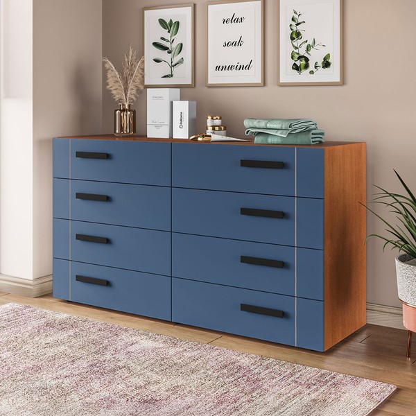 Cômoda Lisboa 8 Gavetas Freijó/Azul - Politorno