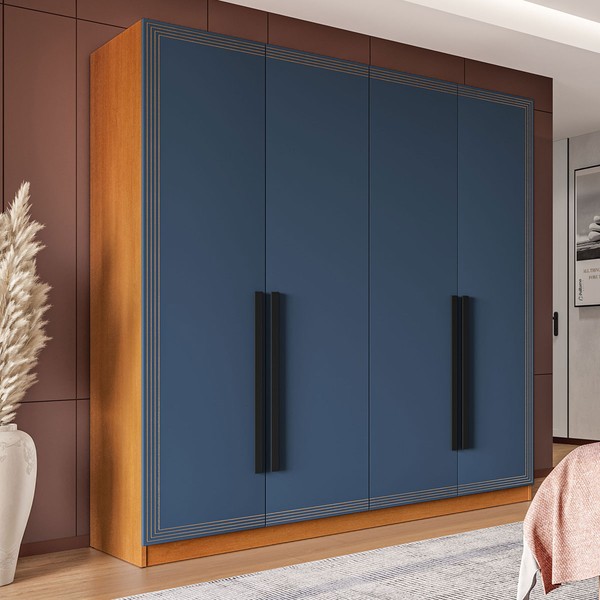 Guarda-Roupa Casal Valência 4 Portas 4 Gavetas Freijó/Azul - Politorno