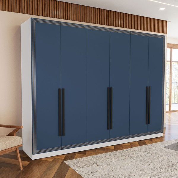 Guarda-Roupa Casal Valência 6 Portas 4 Gavetas Branco/Azul - Politorno