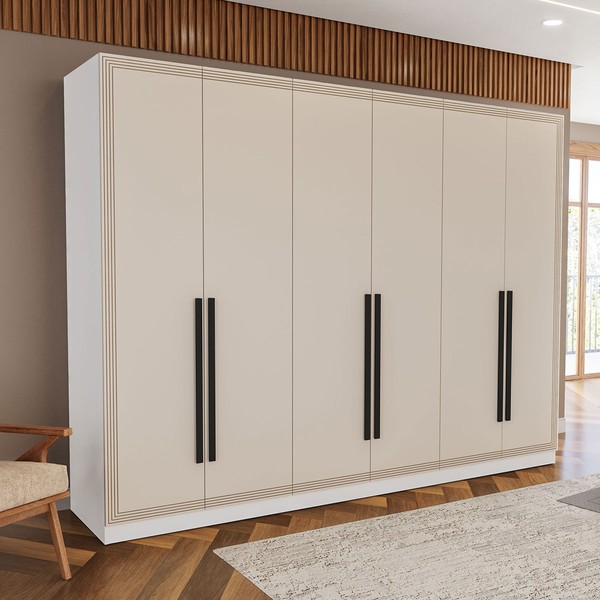 Guarda-Roupa Casal Valência 6 Portas 4 Gavetas Branco/Creme - Politorno