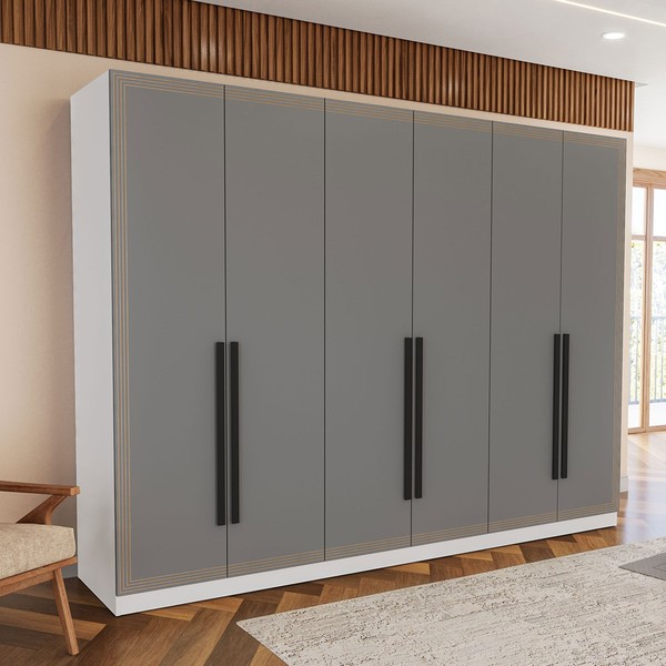 Guarda-Roupa Casal Valência 6 Portas 4 Gavetas Branco/Cinza - Politorno