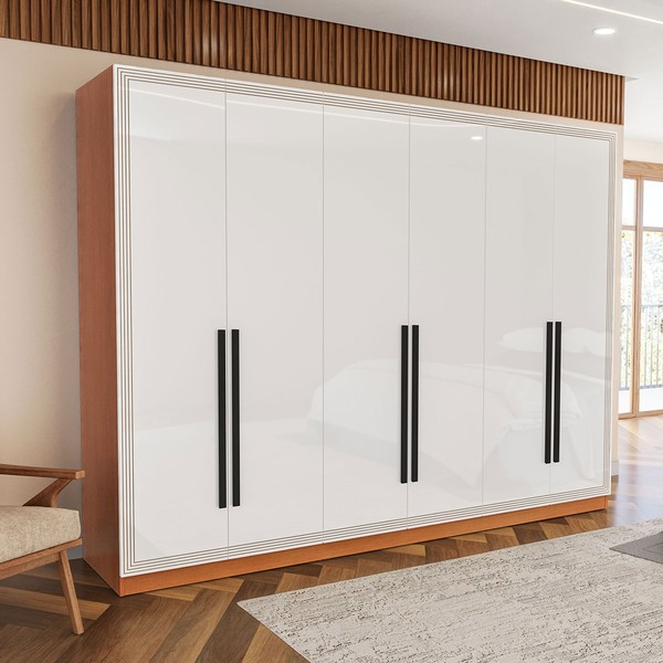 Guarda-Roupa Casal Valência 6 Portas 4 Gavetas Freijó/Branco - Politorno
