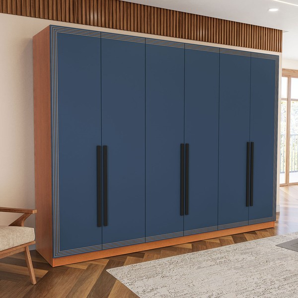 Guarda-Roupa Casal Valência 6 Portas 4 Gavetas Freijó/Azul - Politorno