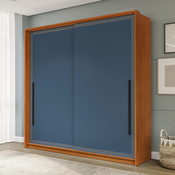 Guarda-Roupa Casal Valência 2 Portas 2 Gavetas Freijó/Azul - Politorno