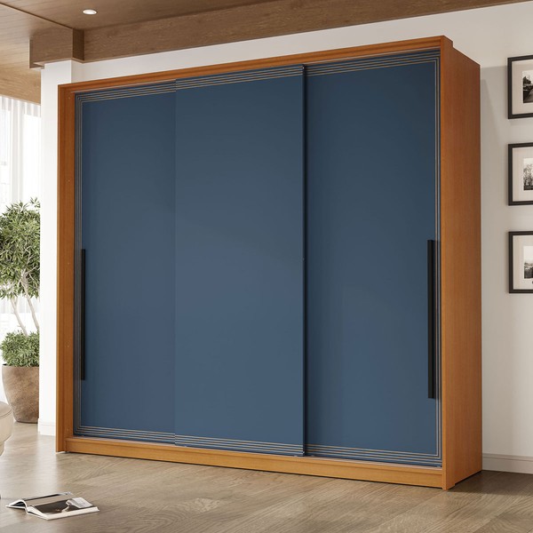 Guarda-Roupa Casal Valência 3 Portas 4 Gavetas Freijó/Azul - Politorno