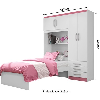 Guarda-Roupa Solteiro Dream 4 Portas 3 Gavetas Branco/Pink - pnr Móveis