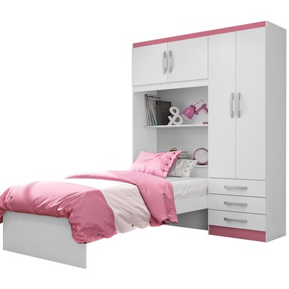 Guarda-Roupa Solteiro Dream 4 Portas 3 Gavetas Branco/Pink - pnr Móveis