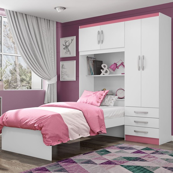 Guarda-Roupa Solteiro Dream 4 Portas 3 Gavetas Branco/Pink - pnr Móveis
