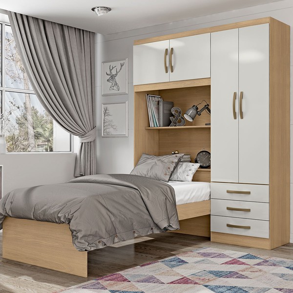 Guarda-Roupa Solteiro Dream 4 Portas 3 Gavetas Castanho/Off White - pnr Móveis