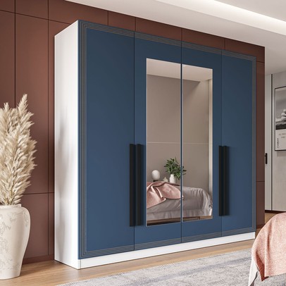 Guarda-Roupa Casal Valência 4 Portas 4 Gavetas com Espelho Branco/Azul - Politorno