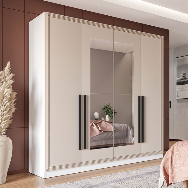Guarda-Roupa Casal Valência 4 Portas 4 Gavetas com Espelho Branco/Creme - Politorno