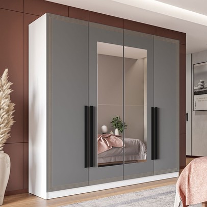 Guarda-Roupa Casal Valência 4 Portas 4 Gavetas com Espelho Branco/Cinza - Politorno