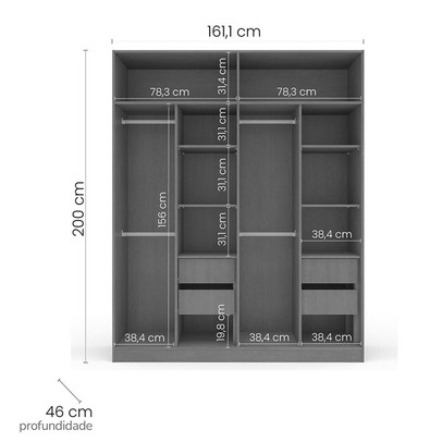 Guarda-Roupa Casal Valência 4 Portas 4 Gavetas com Espelho Branco/Cinza - Politorno