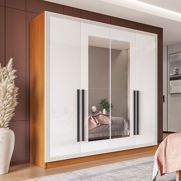 Guarda-Roupa Casal Valência 4 Portas 4 Gavetas com Espelho Freijó/Branco - Politorno