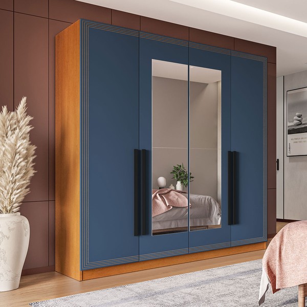 Guarda-Roupa Casal Valência 4 Portas 4 Gavetas com Espelho Freijó/Azul - Politorno