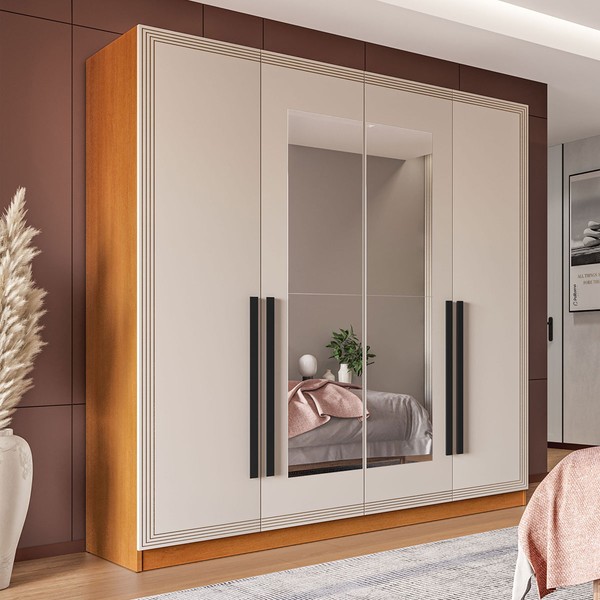 Guarda-Roupa Casal Valência 4 Portas 4 Gavetas com Espelho Freijó/Creme - Politorno