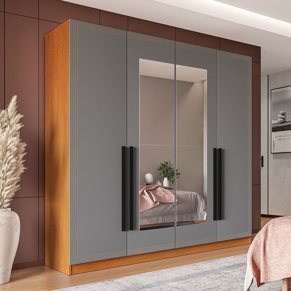 Guarda-Roupa Casal Valência 4 Portas 4 Gavetas com Espelho Freijó/Cinza - Politorno