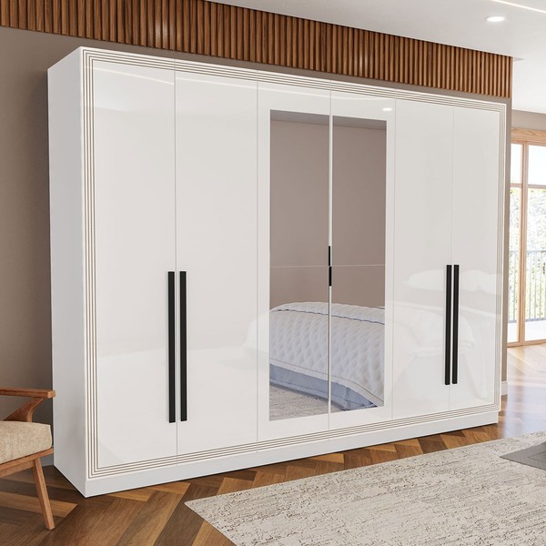 Guarda-Roupa Valência 6 Portas 4 Gavetas com Espelho Branco - Politorno