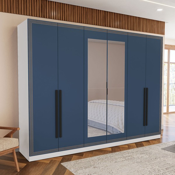 Guarda-Roupa Valência 6 Portas 4 Gavetas com Espelho Branco/Azul - Politorno