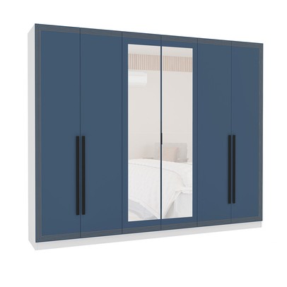 Guarda-Roupa Valência 6 Portas 4 Gavetas com Espelho Branco/Azul - Politorno
