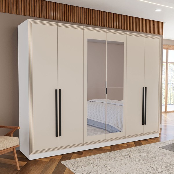 Guarda-Roupa Valência 6 Portas 4 Gavetas com Espelho Branco/Creme - Politorno